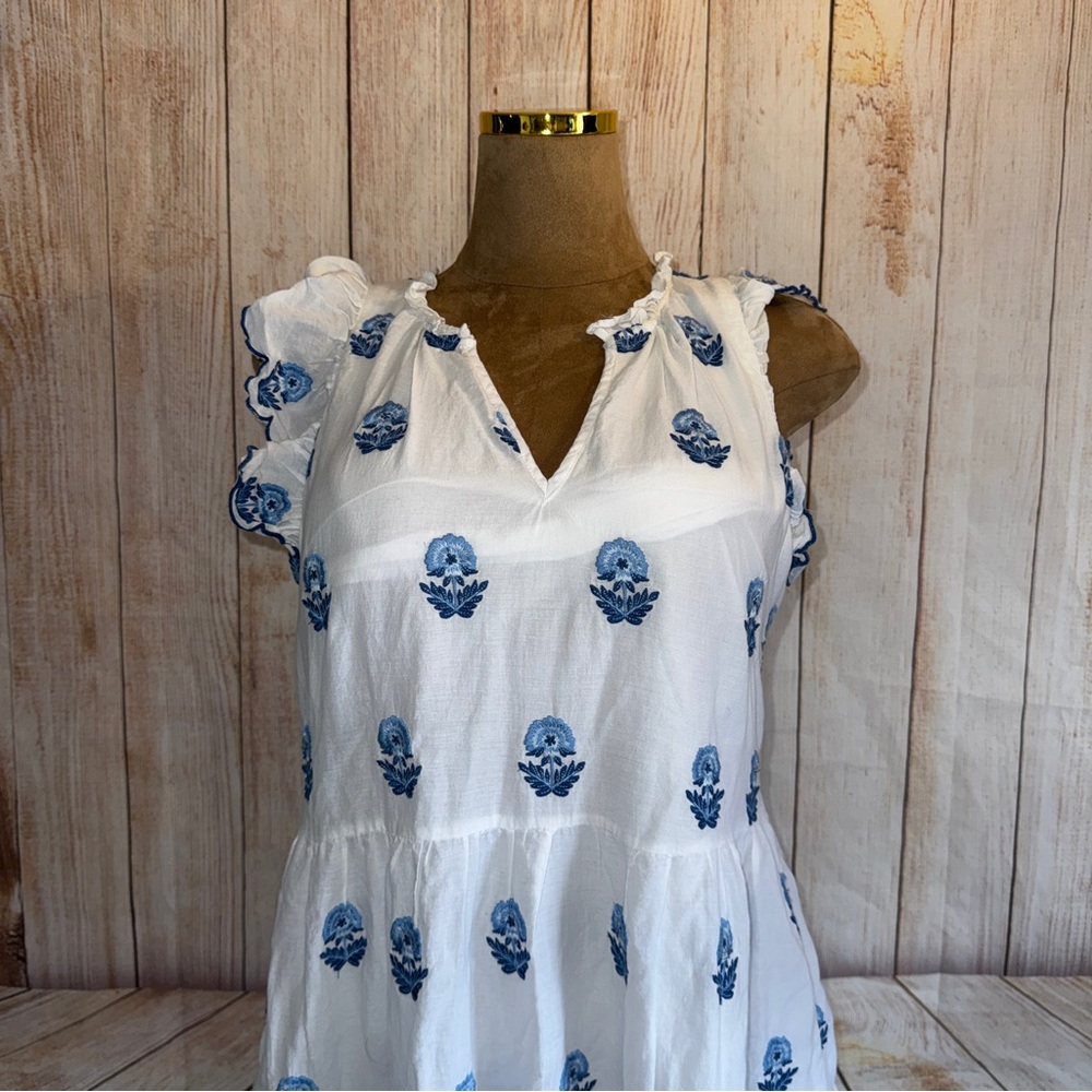 A Loves A Floral Embroidered Tiered Babydoll Mini Dress, Blue & White, Ruffle L - Picture 3 of 12